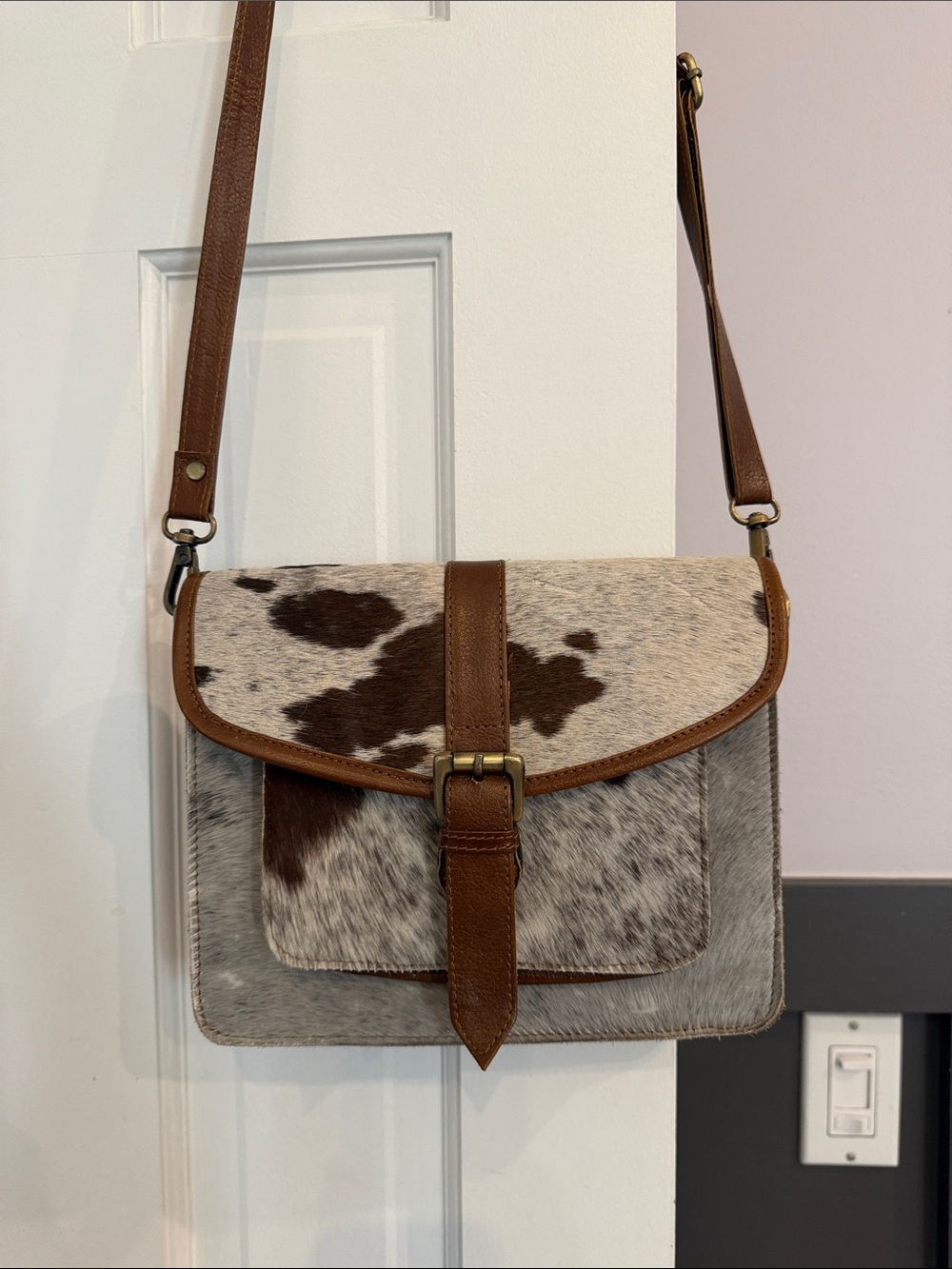 Brown and White Cowhide Crossbody Bag with Leather Trim